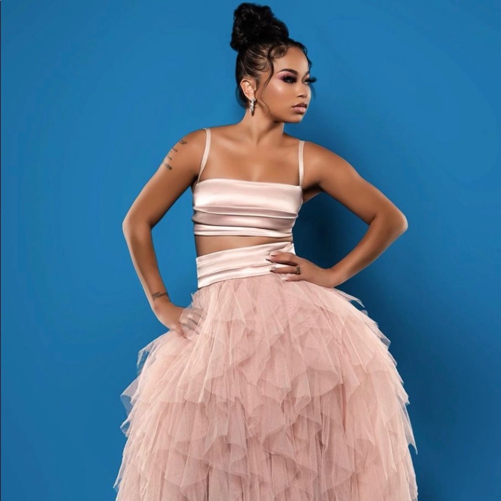 Two piece skirt set . Size small only worn one time . Blush pink .